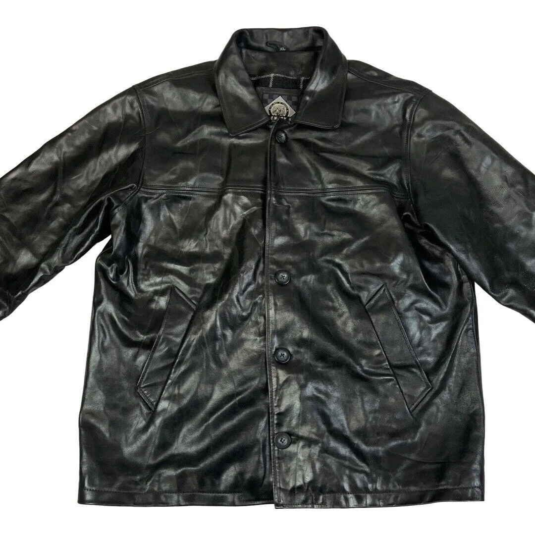 Vintage 90s Black Button Down Leather Car Coat XL