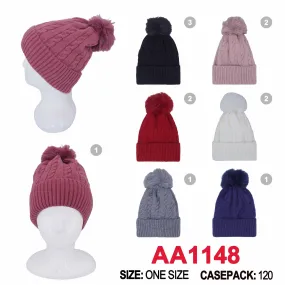 Winter Cable Knitted Cuffed Hat Beanies Skull Cap Lining W/Pom AA1148