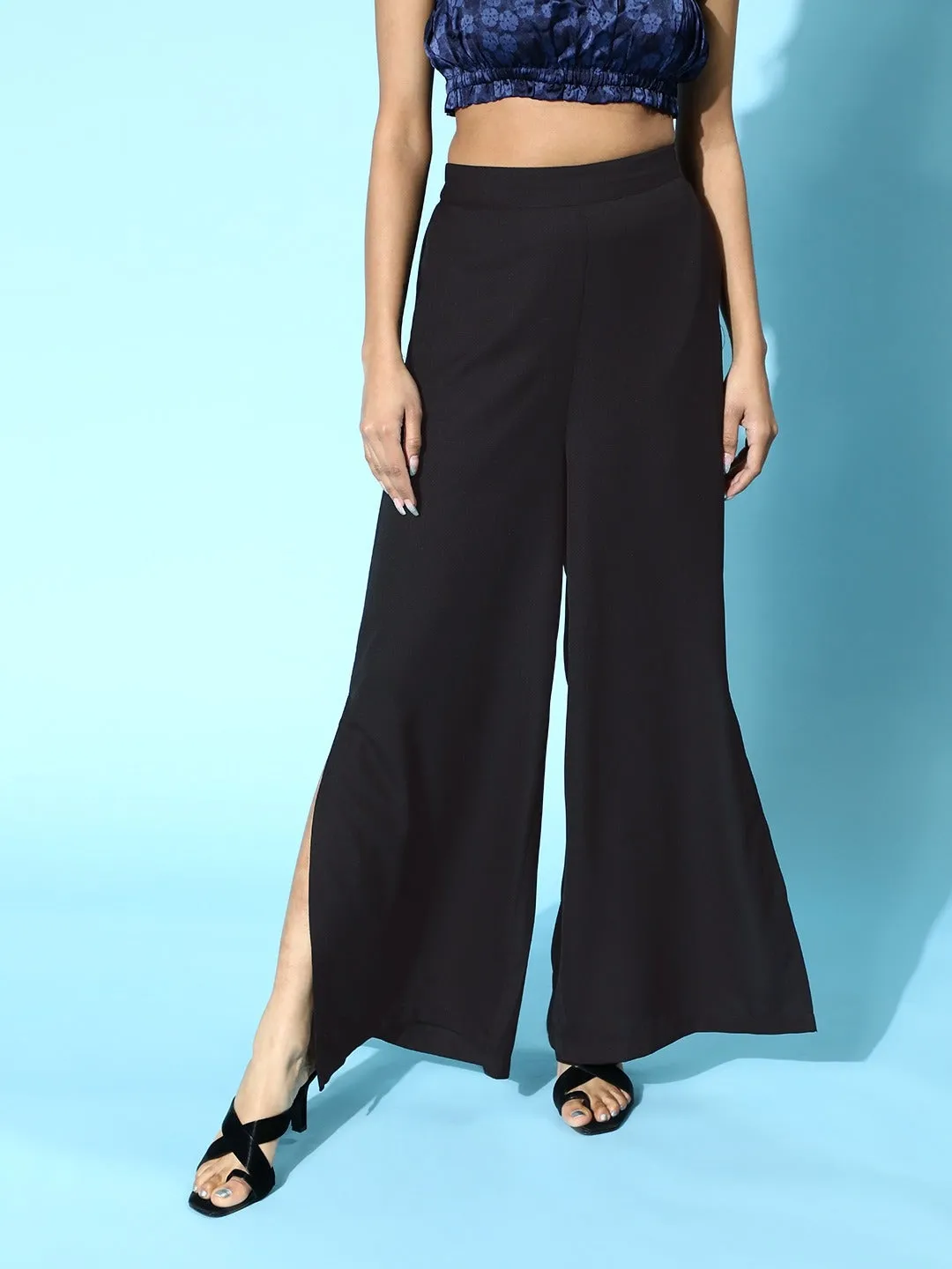 Women Black Side Slit Peekaboo Comfort Pants