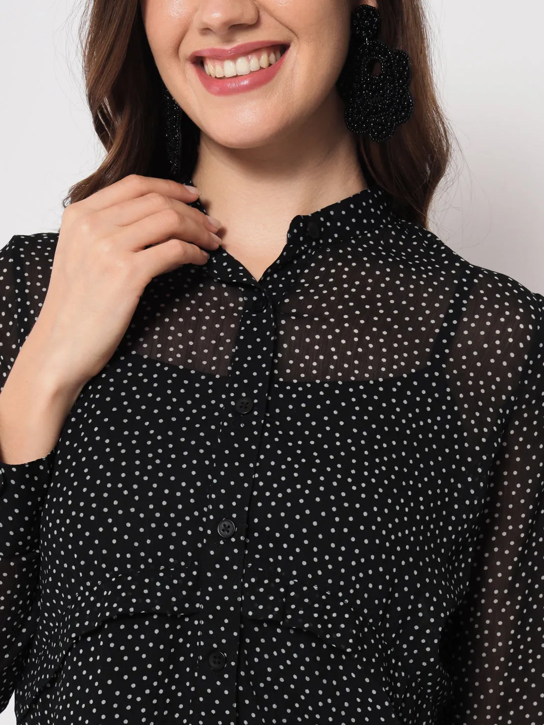 Women Classic Slim Fit Polka Dot Black Casual Shirt