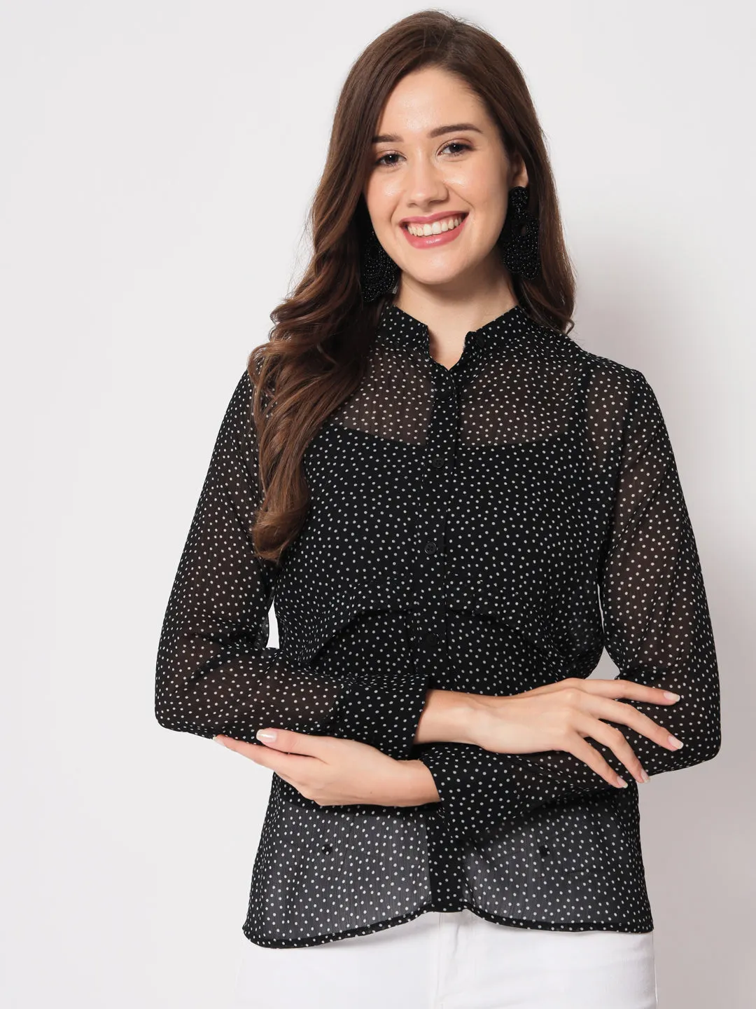 Women Classic Slim Fit Polka Dot Black Casual Shirt