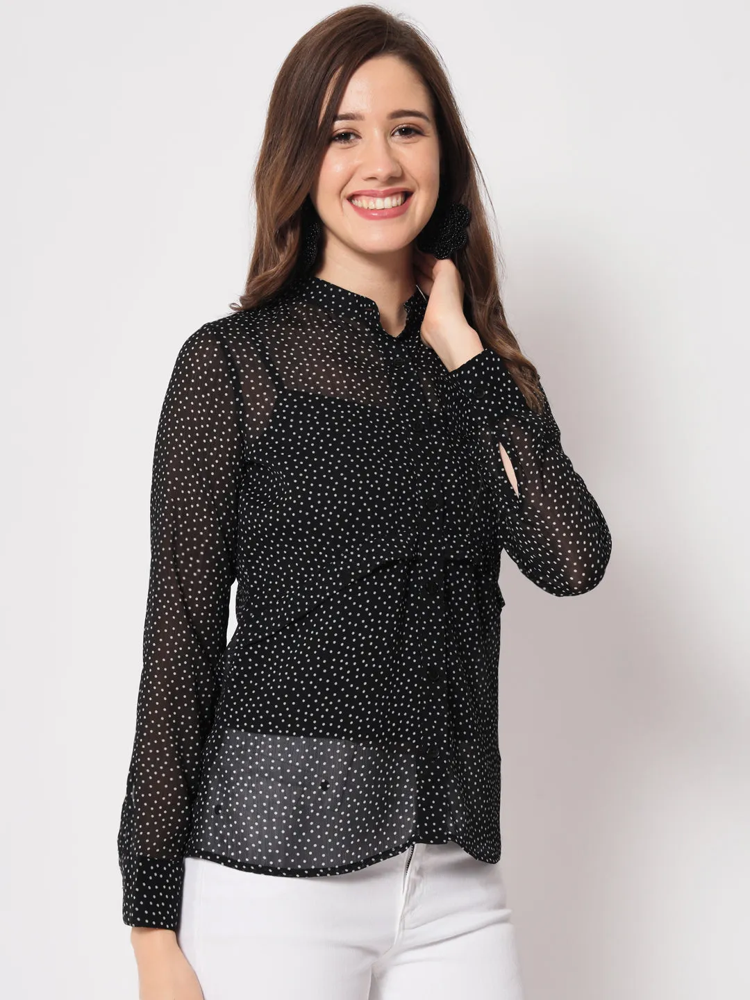 Women Classic Slim Fit Polka Dot Black Casual Shirt