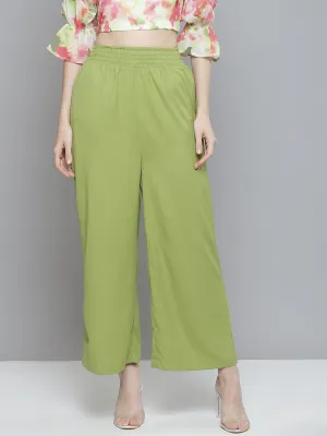 Women Green Smocked Waist Wide Leg Pants