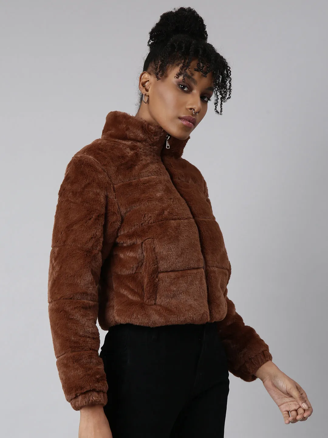 Women Solid Brown Puffer Jacket