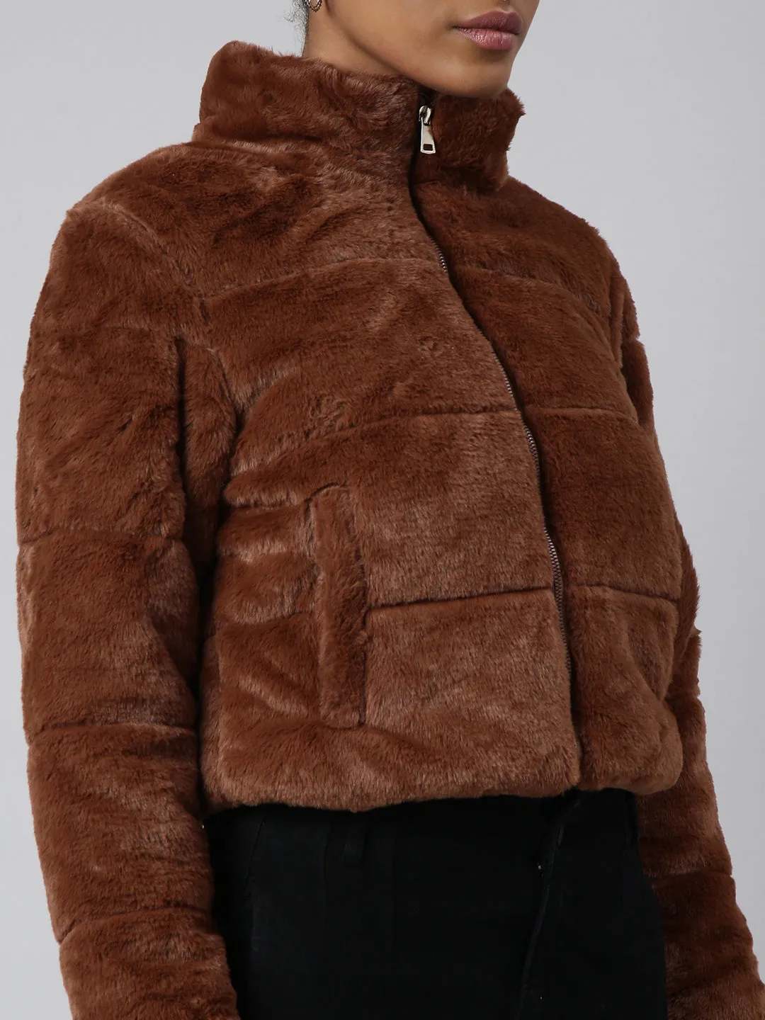 Women Solid Brown Puffer Jacket