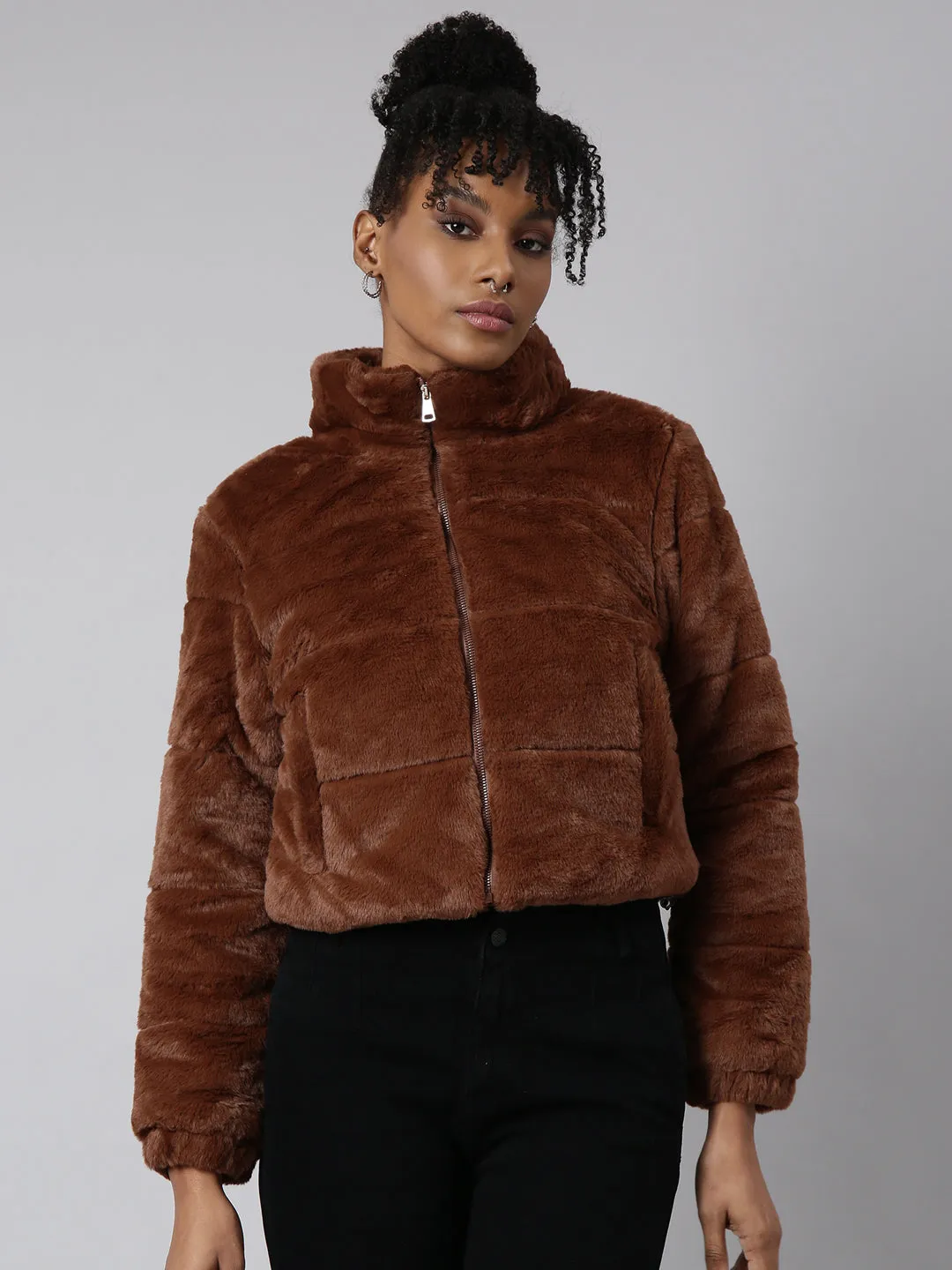 Women Solid Brown Puffer Jacket