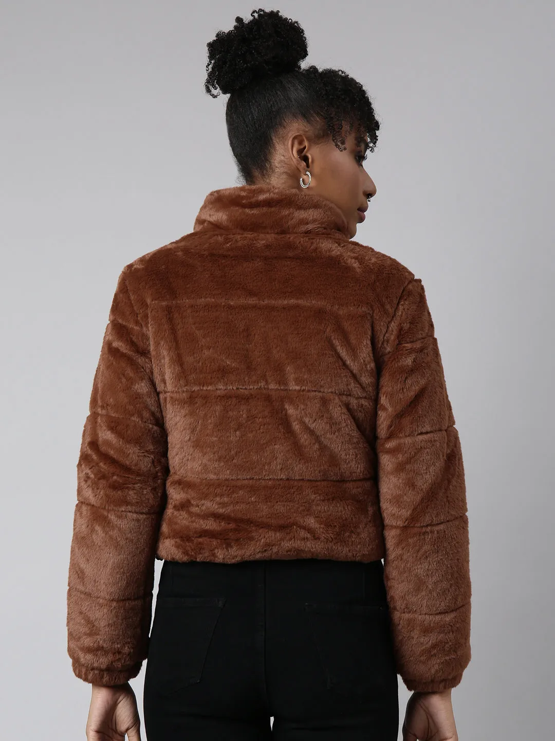 Women Solid Brown Puffer Jacket