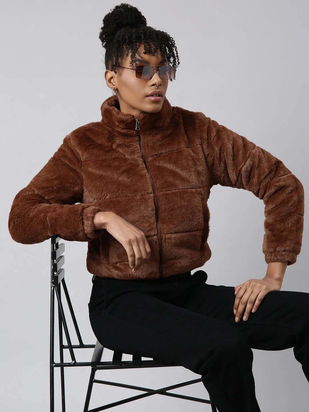 Women Solid Brown Puffer Jacket