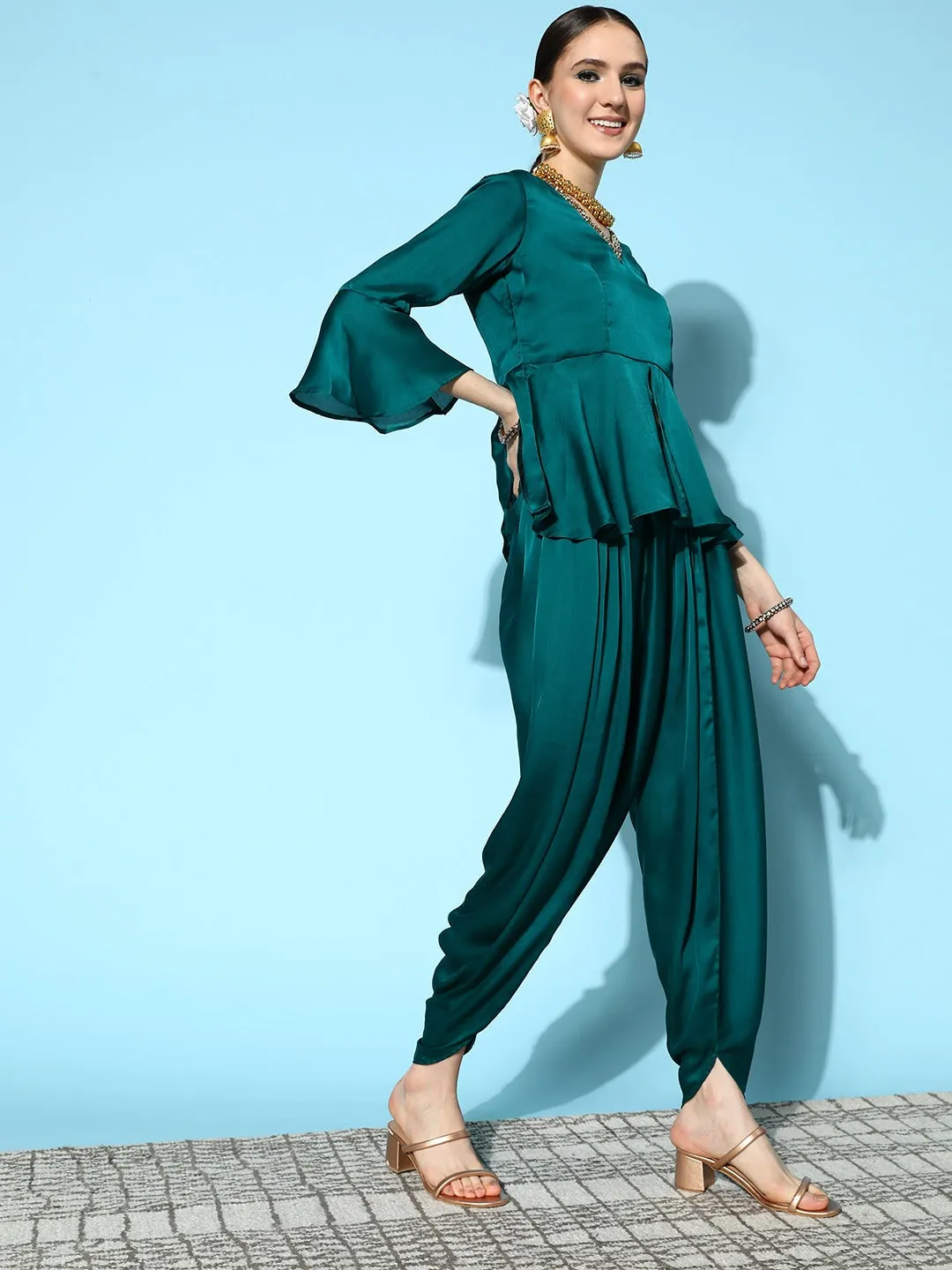 Women Teal Green Silk Blend Co-Ord Set