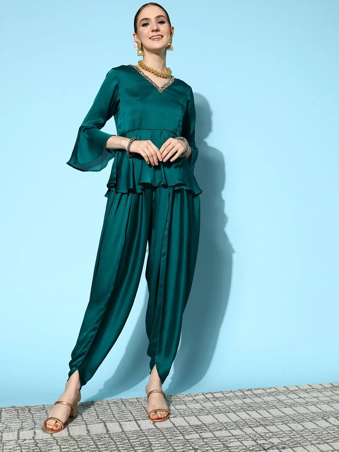 Women Teal Green Silk Blend Co-Ord Set