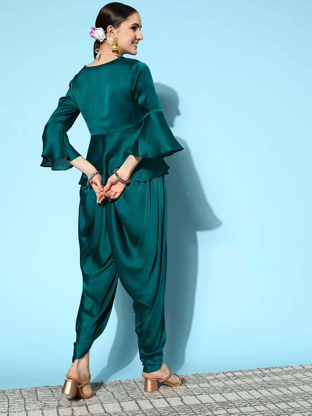 Women Teal Green Silk Blend Co-Ord Set