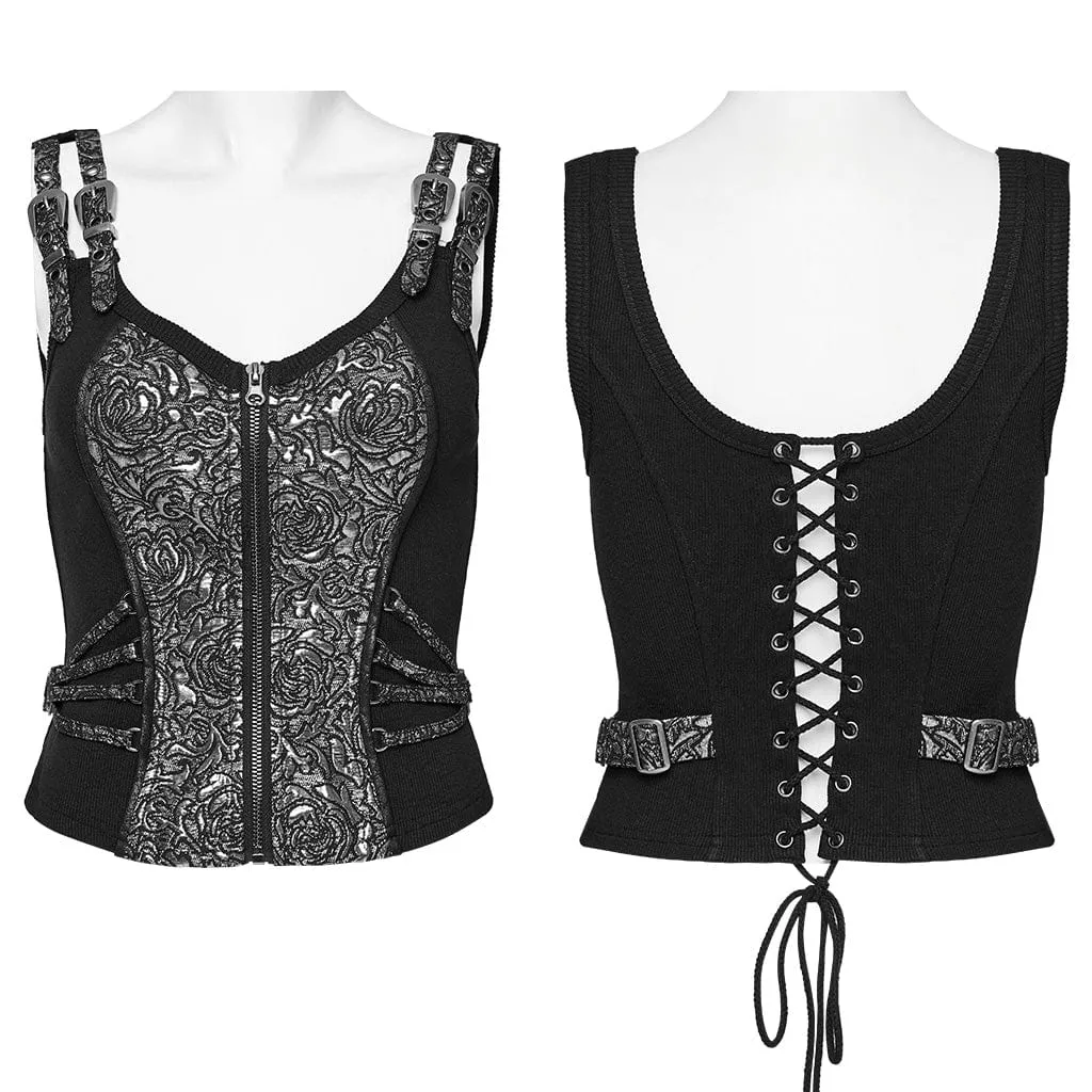 Women's Gothic Floral Printed Buckle Vest