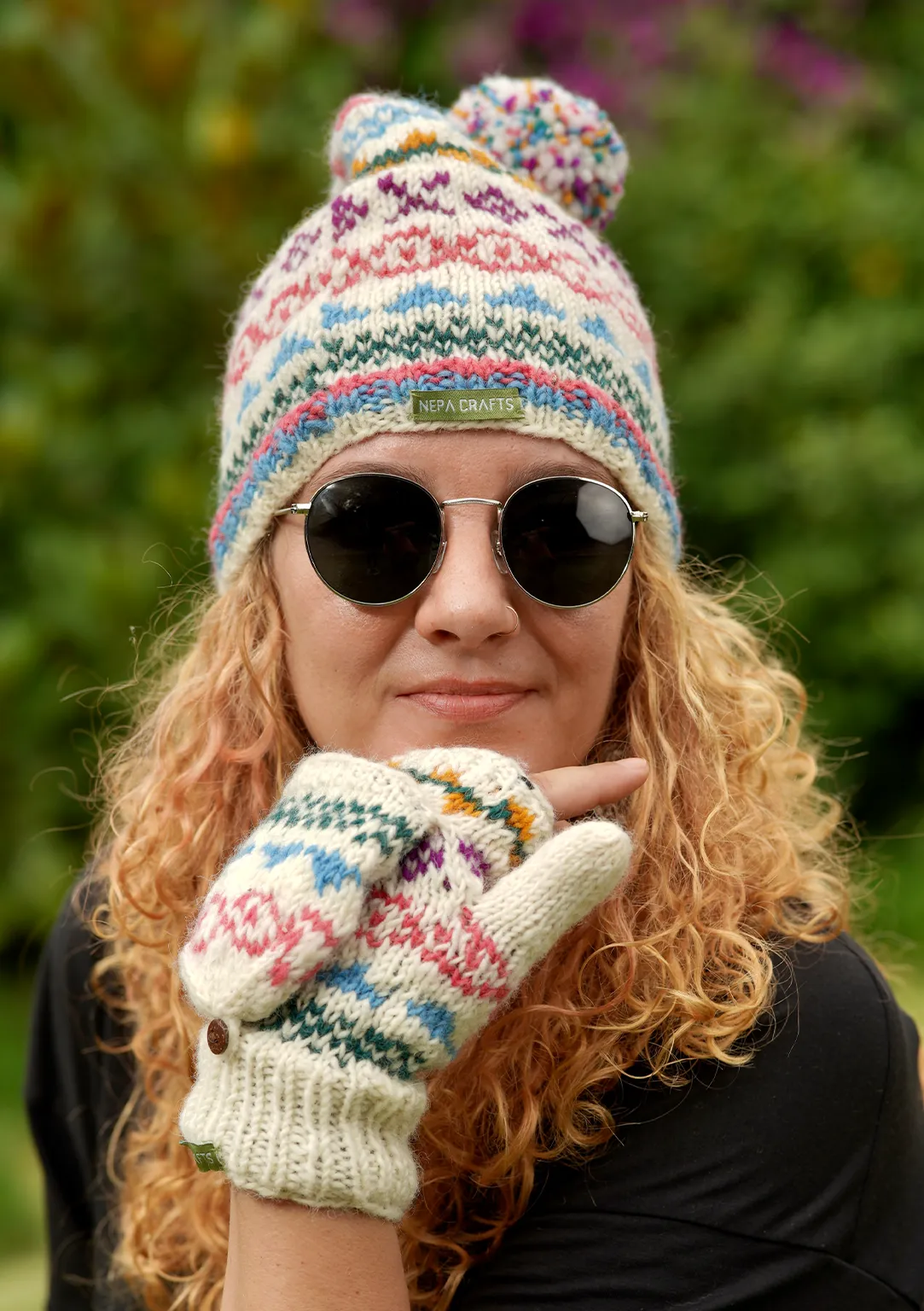 Woolen Blue and White Multicolored Sherpa Pom Pom Beanie