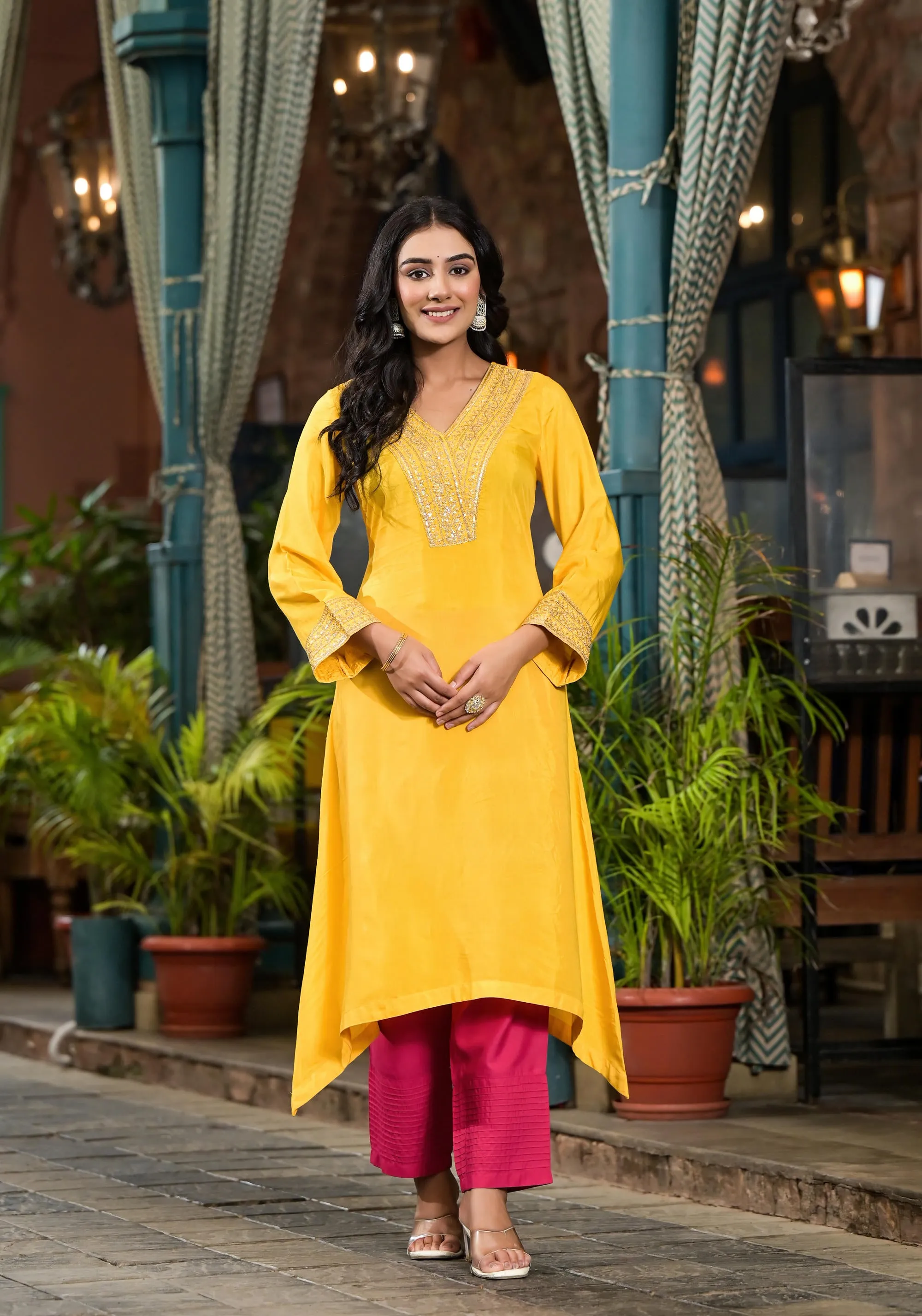 Yellow Solid Viscose Kurta & Pant Set With Zari Work & Sequins